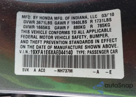 2010 Honda Civic Lx-S z USA, uszkodzony, nr VIN 19XFA1E6XAE044140
